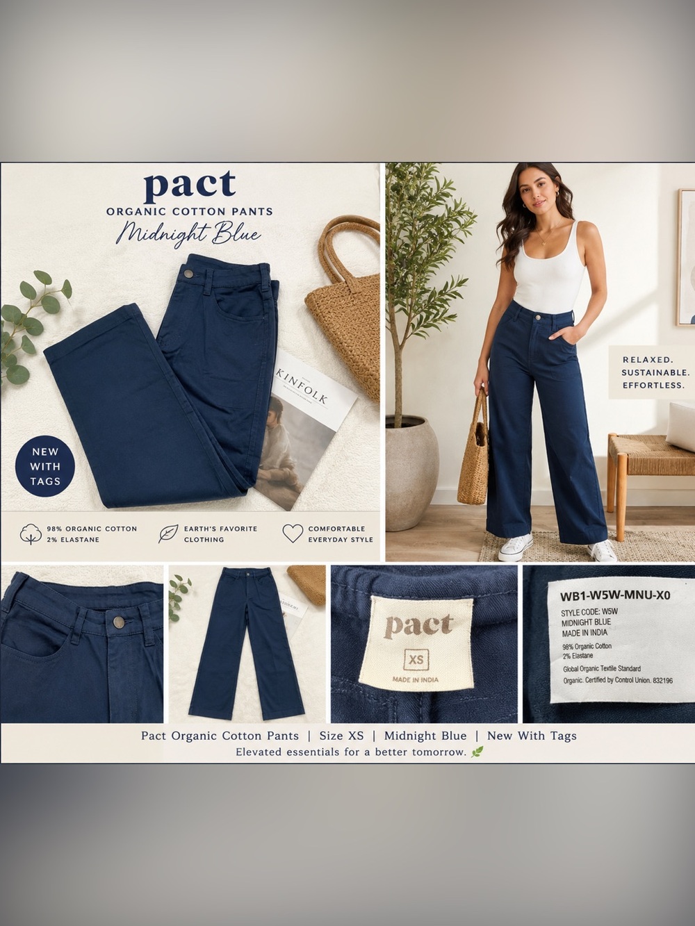 ✨ PACT Organic Cotton Stretch Twill Wide Leg Pants XS Midnight Blue NWT